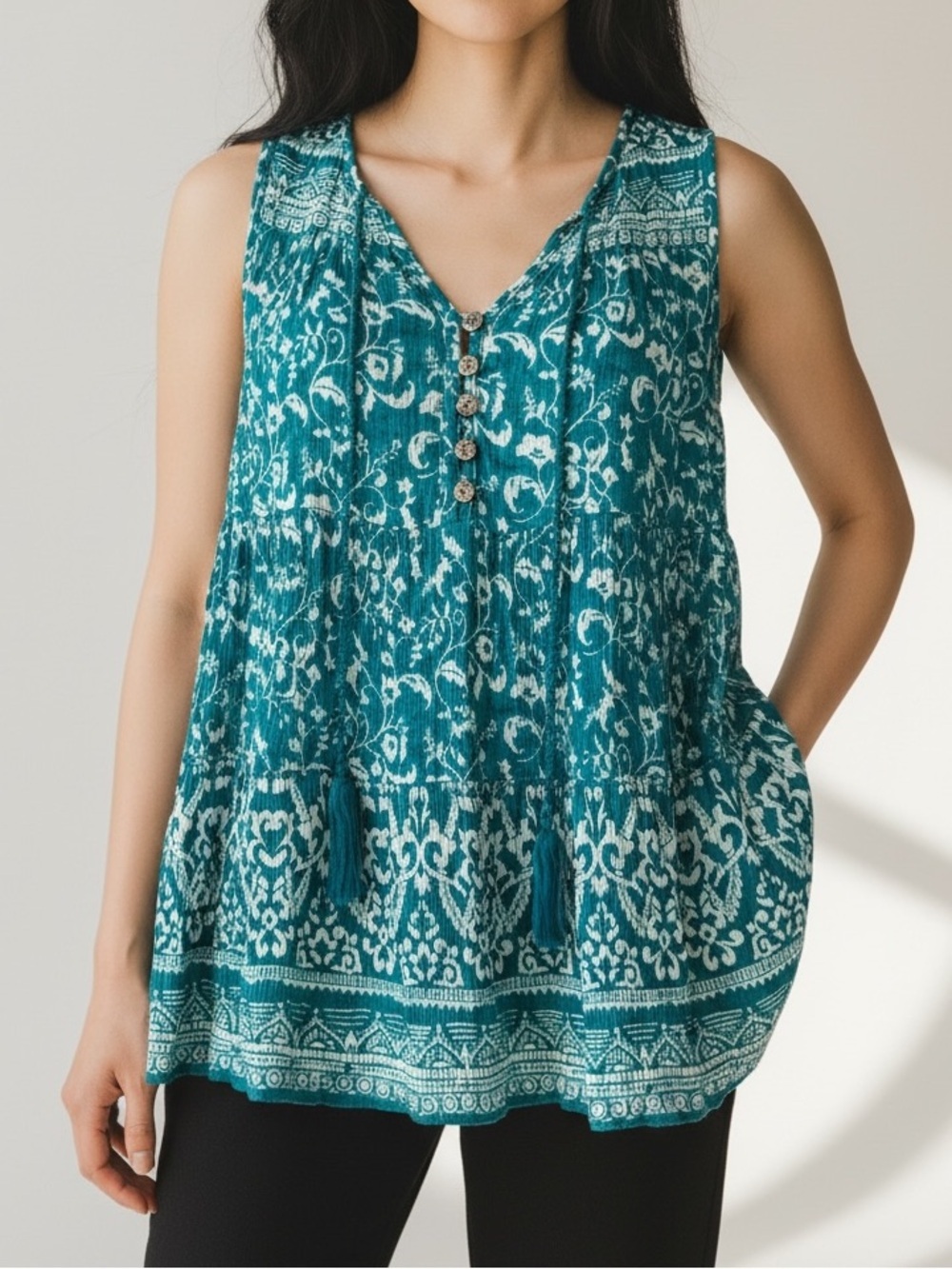 Bila Boho Sleeveless Tunic Top Teal Floral Relaxed Fit Tassel Tie Peasant Blouse